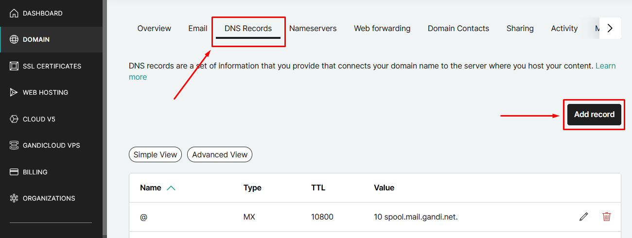 Screenshot of DNS Records section in Gandi admin panel