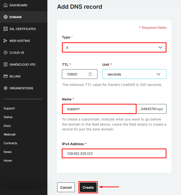 Screenshot of a DNS record configuration form in Gandi admin panel