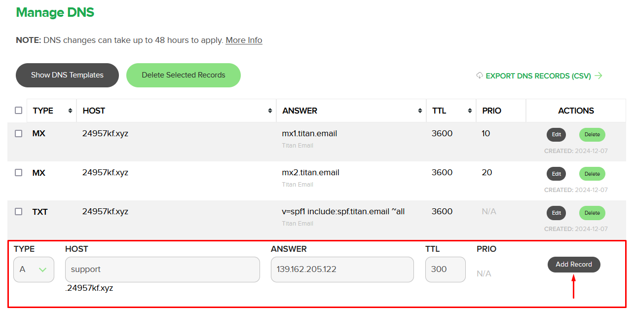 Screenshot of the Manage DNS records form in Name.com admin panel