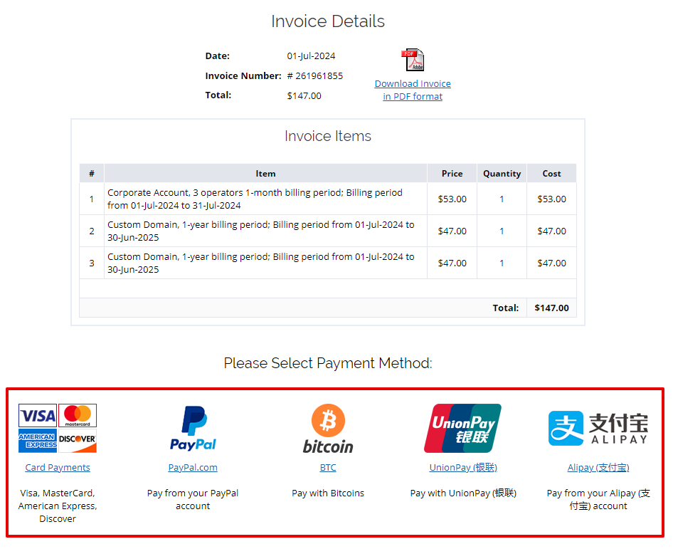 Screenshot of the Invoice page with payment options