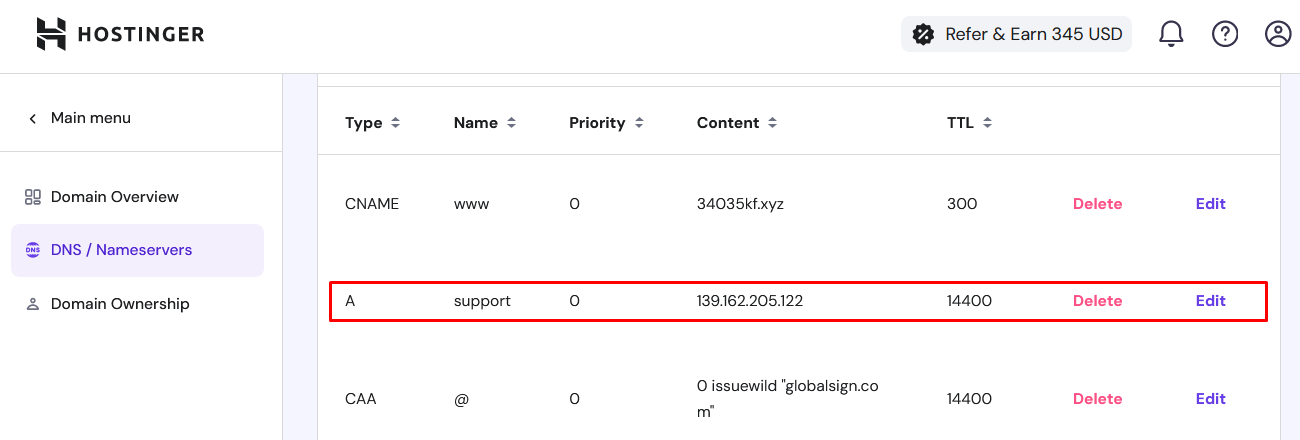 Screenshot of the ready-to use subdomain in Hostinger admin panel