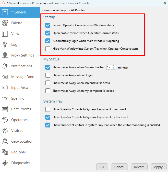 Screenshot of the startup options in operator console