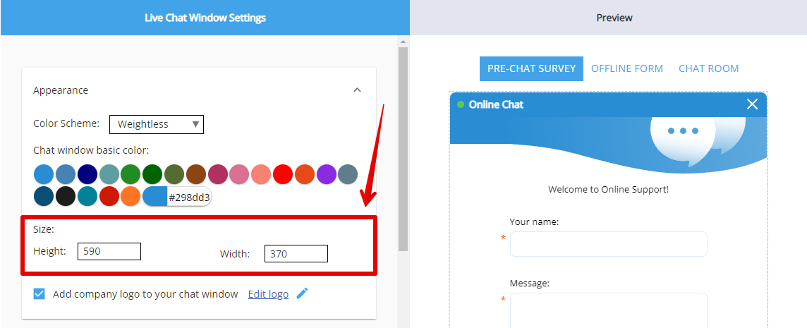 Screenshot chat window size settings